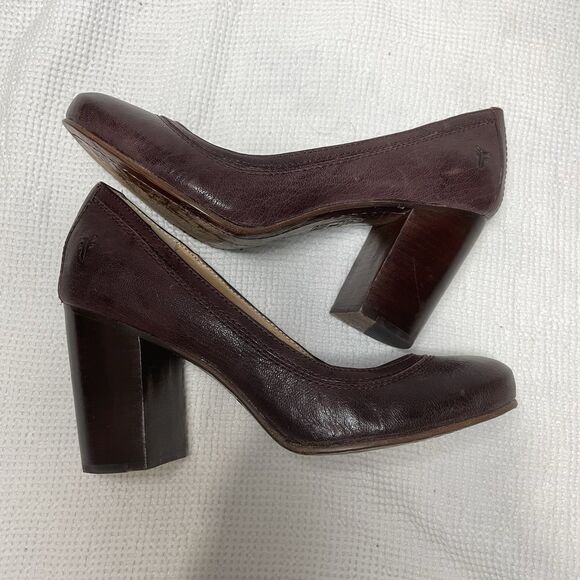 FRYE Carson Pump 73916 Burgundy Leather Round Toe Block Heel Shoes 7.5M - Picture 9 of 13